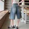 Foto Real de Pantalones Cortos de Mezclilla de Longitud Media, Shorts Casuales de Pierna Ancha Estilo Retro Americano, Shorts Rectos Sueltos Unisex de Verano, Algodón para Mujer