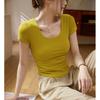 # Productos de Alta Calidad # Camiseta de Algodón de Doble Capa para Mujer, Manga Corta, Cuello en U, Nuevo Estilo Verano 2026, Top Corto Curvo de Cintura Alta.