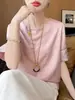 26 Anos de Estilos Novos de Primavera e Verão, Novo Estilo Chinês, Cetim Sedoso Gola Redonda Manga Curta Jacquard Lantejoula Soltinho Camiseta Base