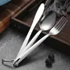 Set de Cubiertos de Acero Inoxidable, Tenedor y Cuchara de Tres Piezas con Gancho de Agujero Único Hueco para Guardar, Bolsa de Tela Portátil para Viajes al Aire Libre, Vajilla Occidental