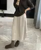 Saia Midi Tulipa com Cintura Elástica para Mulheres Outono Toque de Algodão Saia Solta de Comprimento Médio Para Ir ao Trabalho Casual Bolsos Saia Meia Linha A