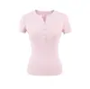Camiseta de Manga Corta Henley con Cintura Alta Elástica Adelgazante, Versátil de Verano, Ajustada, Color Sólido, Camiseta Básica Deportiva Casual para Mujer