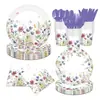 Conjunto de Louça Descartável com Tema de Flores Silvestres da Primavera Transfronteiriça para Festas de Família e Amigos, Pratos de Papel Descartáveis