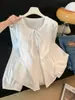 Blusa redonda con ribete de encaje de estilo delicado para mujer, nueva colección 2026, con corbata de lazo, mangas abullonadas y un corte holgado tipo muñeca
