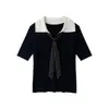 Suéter de punto de estilo universitario coreano con bloques de color en el cuello, imitación de dos piezas, para mujer, primavera/verano, ajuste slim, manga tres cuartos