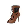Sandalias de Tacón Alto Estilo Europeo y Americano para Primavera y Verano Boca de Pez Encaje Combinación de Colores Calados Botines de Malla Botas de Tacón Alto con Cordones para Mujer Exportación