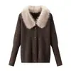 Cardigan de tricô transfronteiriço europeu e americano para mulheres, best-seller do AliExpress, casual, elegante, de alta qualidade e estiloso, com gola de pele sintética, peça externa de manga longa