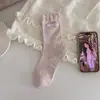 Calcetines de mujer dulces y lindos para otoño e invierno, calcetines de media pantorrilla sin costuras de estilo japonés, jacquard suave con estampado de corazón de niña con lazo y ribete de encaje