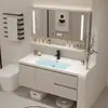 Combinación de mueble de baño con lavabo cerámico integrado color crema, mueble de lavabo de madera maciza para baño, tocador
