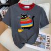 Playera de Manga Corta con Estampado de Gato de Dibujos Animados a Color Contrastante Estilo Coreano para Mujer Verano Sencilla Diaria Casual Versátil Top de Cuello Redondo Ins