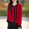 Novo Cardigã Suéter com Capuz 100% Lã Pura Feminino Top Solto Zíper Capuz Cor Contrastante Jaqueta Tricot Lazy