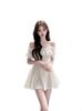 Vestido Blanco de Doble Capa con Hombros Descubiertos y Manga Corta para Mujer, Verano, Nueva Llegada, Falda Línea A con Borde de Oreja
