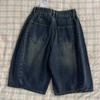 Shorts de mezclilla drapeados azules retro americanos de talla grande para mujer, verano nuevo, pantalones de pierna ancha bordados de alta calle