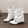Botas vaqueras retro con hebilla plisada Botas de caballero Botas para mujer 2026 Nuevas Botines de tacón grueso Botas versátiles para mujer con caña apilada