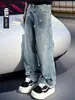 Jeans Rectos de Pierna Ancha Lavado Azul Vintage con Pedrería Estilo Americano Cleanfit Unisex Sueltos de Lujo Pantalones Largos