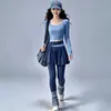 Conjunto de Yoga com Costura Color Block para Mulheres, Top Cropped de Manga Longa com Decote Quadrado, Roupa para Corrida Fitness com Controle de Barriga e Levantamento de Quadril, Pode Ser Usado ao Ar Livre