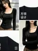 Top negro de manga larga, corte regular, cuello en U, camiseta adelgazante para mujer, nueva colección 2026, adecuado para primavera, otoño e invierno, diseñado para usarse como capa interior