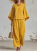 Traje casual de dos piezas holgado estilo europeo, top elegante de manga siete, pantalón de pierna ancha, ropa casual multicolor para mujer