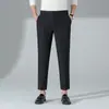 Calças Casuais Masculinas Primavera/Verão 2025 Seda de Gelo Perna Reta Cintura Média Cropped Calças de Alfaiataria para Jovens Homens, Calças Sociais Finas Elásticas