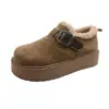 Sapatos de Algodão com Pelo de Solado Grosso de Inverno Femininos 5cm~ Aumento de Altura Mais Veludo Quente Totalmente Fechados Mocassins Couro Retro Fivela Fosco