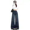Diseño retro azul, pantalones vaqueros de pierna ancha ligeramente acampanados para mujer, nuevo estilo de verano, cintura alta, corte holgado, efecto adelgazante y pantalones acampanados elásticos