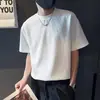 Camiseta de Manga Corta Nueva de Verano 2024 para Hombre Estilo Americano Marca de Moda Color Sólido Waffled Manga Media Holgada Top de Cuello Redondo para Hombre
