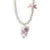 Lindo Gato Kt con Lazo Rosa y Cierre de Cordones Collar de Perlas Cadena para Clavícula Versátil Dulce y Exquisito Ropa de Trabajo Femenina