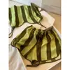Conjunto de Pijama Camisola Listrado Verde de Seda de Gelo para Mulheres 2026 Novo Estilo Shorts de Cetim com Sensação Fresca Conjunto de Roupa para Casa Roupa Externa