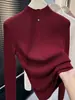 Camiseta básica de punto Andi de terciopelo con cuello semi alto, prenda interior de otoño e invierno, suéter cálido de manga larga, top exterior, borgoña, talla única
