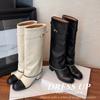 Botas de Caballero Estilo Europeo y Americano para Mujer, Botas de Caña Alta de Invierno con Tacones Gruesos y Detalles de Cadena