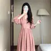 Primavera 2026 Nuevo Estilo Francés Estilo Suave Primer Amor Hada Rosa Vestido Largo Elegante Ajustado Vestido con Cuello en V para Mujer