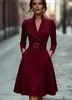 Vestido de Otoño e Invierno para Mujer 2025 Amazon Temu Más Vendido Exportación Europea y Americana Color Sólido Ceñidor de Cintura Cuello en V Manga Larga