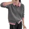 Cardigã de tricô com gola polo cinza para mulheres, outono e inverno, para baixinhas, com design falso de duas peças