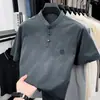 Camiseta masculina de manga curta com botões e gola mandarim estilo chinês, verão, seda gelada, respirável, bordada, casual, versátil
