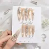 Unhas Postiças Full Cover Artesanais com Dourado Natural, Olho de Gato, Strass, Corrente, Diamante Grande, Suave, Iluminador, Longas, Para Uso Diário, Pontas de Unha Removíveis