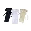 Doce Laço Branco Acima do Joelho Feminino Primavera e Verão Renda Fina Lolita Longo Renda Branco Leite Estilo Ballet