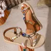 Sandalias tejidas de cuentas coloridas estilo bohemio para mujer, sandalias planas de degradado fresco, zapatos versátiles para mujer para vacaciones en la playa