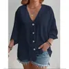 2026 Cor Sólida Tamanho Grande AliExpress Feminina Camisa de Botão Casual Transfronteiriça Europeia e Americana Cardigã Camisa Gola V Top Solto