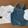 Conjunto de overol y camiseta para niños para verano, conjunto de dos piezas de mezclilla con shorts cortos de manga corta para bebé, overol de camiseta blanca