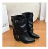 Botas de Pantalón de Tacón Grueso con Hebilla Retro de Calibre Grande y Punta Fina 2026 Nueva Moda Versátil Botas de Cuero para Motocicleta para Mujer