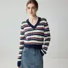 Nuevo suéter de cachemira pura para mujer de otoño e invierno, cuello en V engrosado, diseño de rayas de punto trenzado, capa interior cálida, suéter de punto