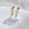 Pendientes de plata de ley S925 con forma de prendedor, de alta calidad, con imitación de concha, perla, circonita púrpura y cristal transparente.