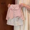 Conjunto de Outono Super Bonito para Creche Infantil Ningli Novo Cardigan Suéter Vazado para Bebê Calça Longa de Bolinhas