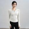 Nuevo Top de Yoga de Color Sólido Versátil de Corte Delgado para Otoño Estilo Puro Deseo Chica Picante Cuello Redondo Botón Camiseta de Manga Larga