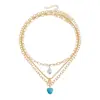 Joyería Transfronteriza Europea y Americana Collar Retro de Corazón Turquesa de Tres Capas Moda Personalizada Fiesta Uso Diario Cadena para Clavícula