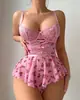 Popular Europeu e Americano Novo Estilo Costura de Laço Malha de Renda Estampada Costas Nuas Transparente Vestido Peça Única Conjunto de Lingerie Sexy
