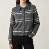 Suéter rayado de color bloque artístico versátil vintage, cárdigan de punto de un solo pecho con cuello de solapa de mezclilla, nuevo para otoño e invierno