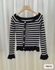 Camiseta de Cuello Redondo Estilo Chanel para Mujer Otoño e Invierno Nueva Transfronteriza Diseño Rayado con Botones Sentido Ajustada Adelgazante Manga Larga