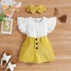 Exportación Europea y Americana Especialmente Diseñado para Bebés y Niños Pequeños de Primavera y Verano, Conjunto de Tres Piezas con Tops de Mangas Cortas de Color Sólido, Faldas Cortas y Accesorios para la Cabeza