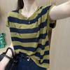 Playera de Manga Corta de Seda de Hielo a Rayas para Mujer Verano Delgada Nicho Transpirable Punto Holgada Efecto Adelgazante Casual Top Cubre Vientre